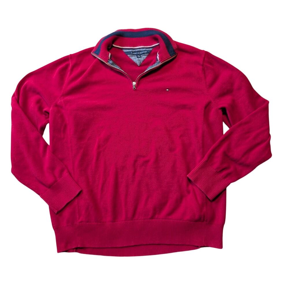 Tommy Hilfiger Quarter Zip Sweater Mens XXL Red Knit Pullover Mock Neck Logo